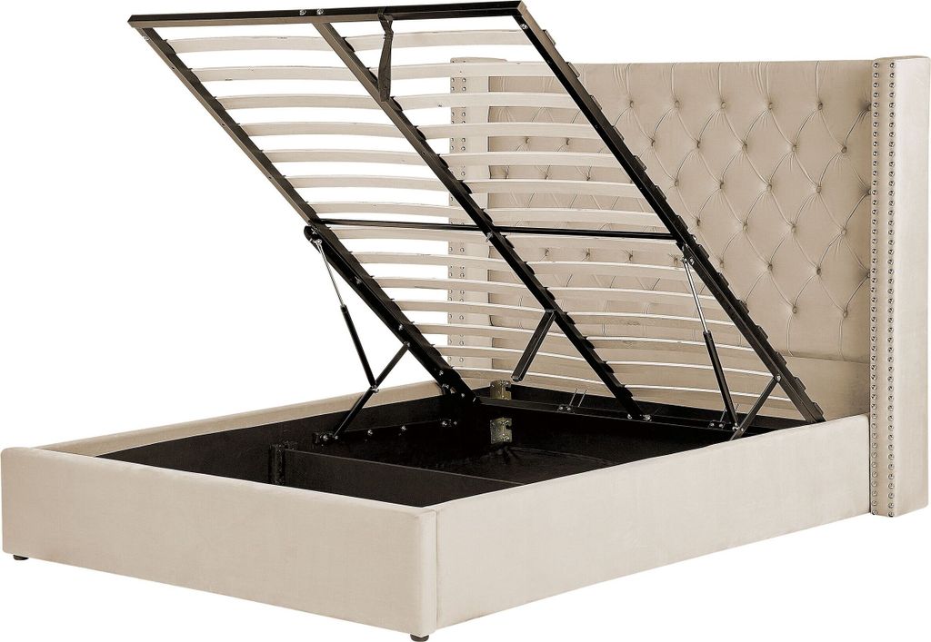 BELIANI Bett mit Bettkasten Beige Gepolstert 140 x 200 cm Lattenrost Hohes Kopfteil Knopfheftung Nieten Retro Klassisch Schlafzimmer