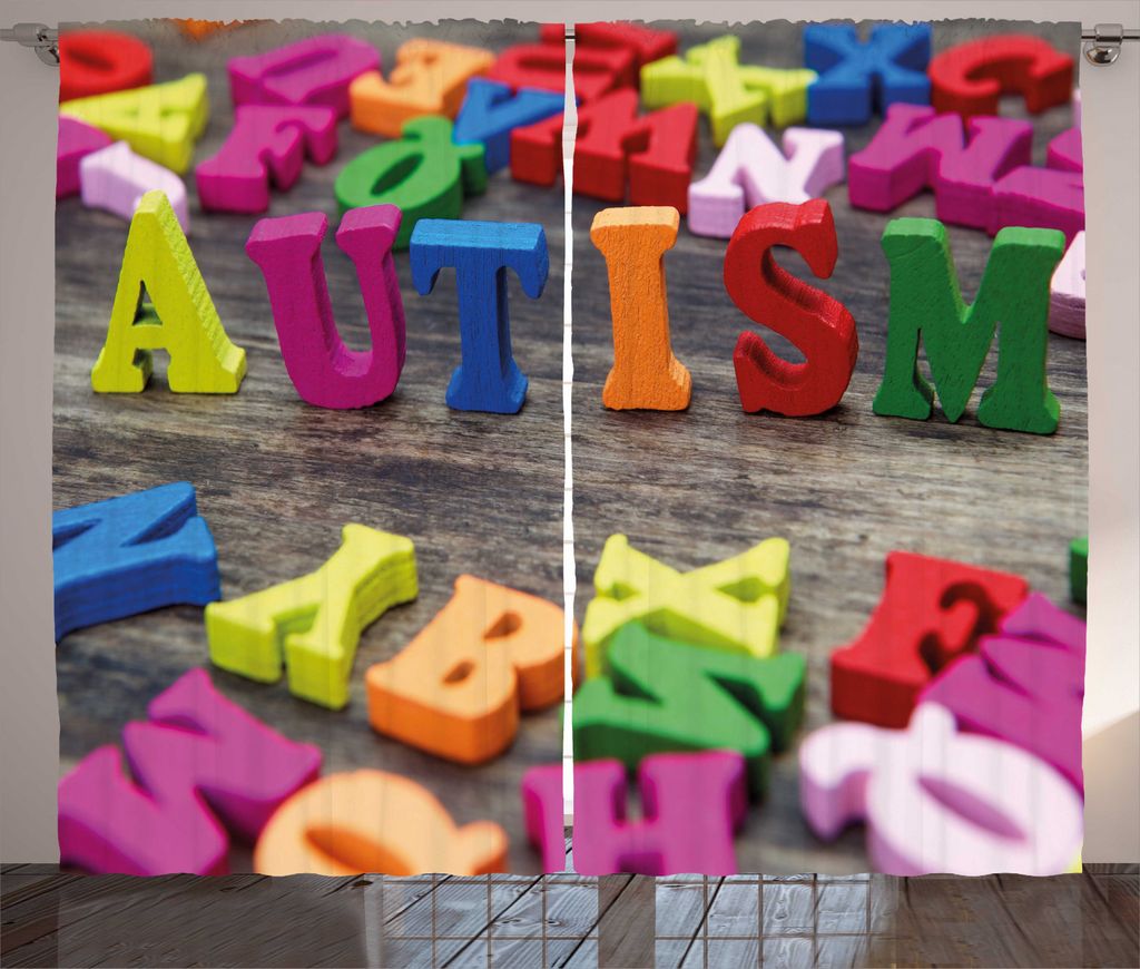 ABAKUHAUS Autismus Rustikaler Vorhang, Bunte Alphabet Wording, Wohnzimmer Universalband Gardinen mit Schlaufen und Haken, 280 x 225 cm, Mehrfarbig