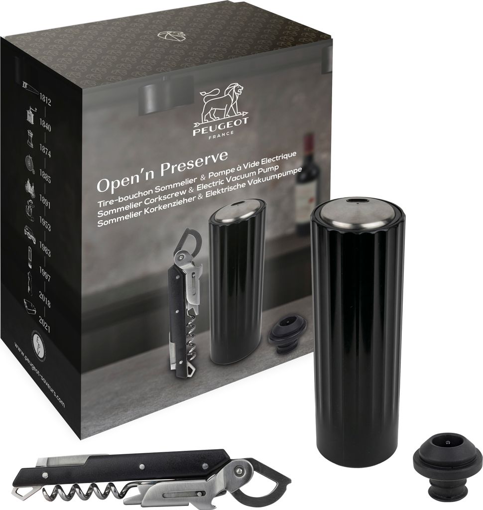 PEUGEOT Geschenkset OPEN N' PRESERVE Korkenzieher und Elektrische Vakuumpumpe