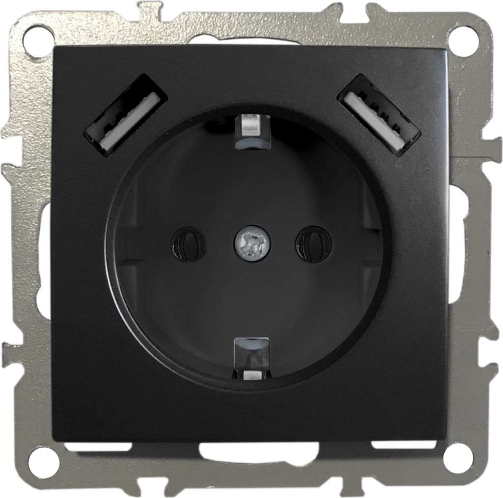 Schuko Steckdose Unterputz Schutzkontakt-Steckdose 1-Fach 16A 220-250V mit 2x USB 5V 1A Schwarz Matt