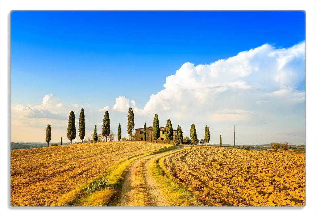 Wallario Frühstücksbrettchen aus Glas 20 x 30 cm mit rutschfesten Füßen, Motiv Italien - Toskana unter blauem Himmel einsame Farm