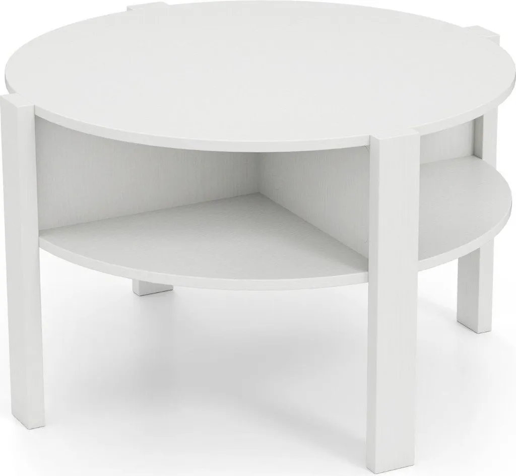 Table basse bois blanc 4 étagères, design rond gain de place astucieux