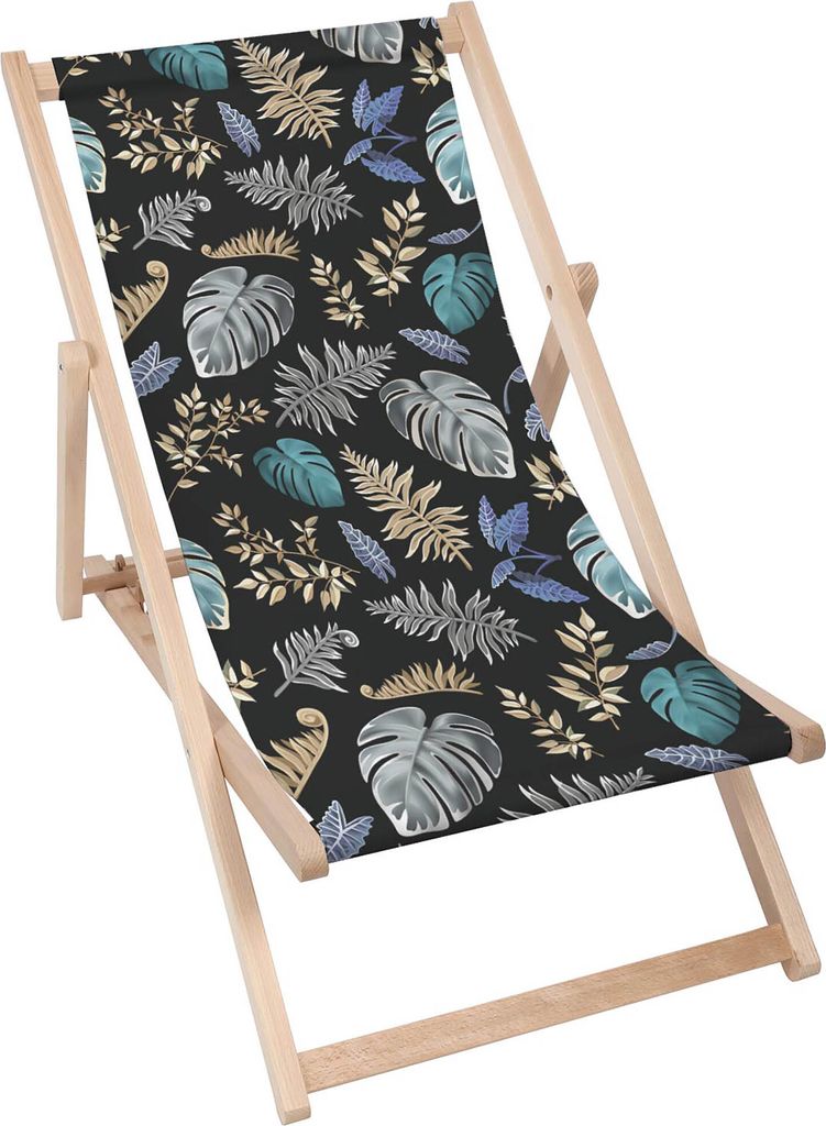Dreamroots Liegestuhl klappbar Holz, bis zu 130 kg, Sonnenliege klappbar mit 3-stufiger Neigungsregulierung der Rückenlehne, Tropical Palm Leaves