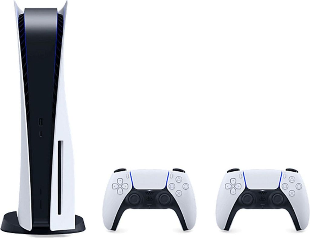 A Sony PlayStation 5 console and two controllers are displayed against a white background.