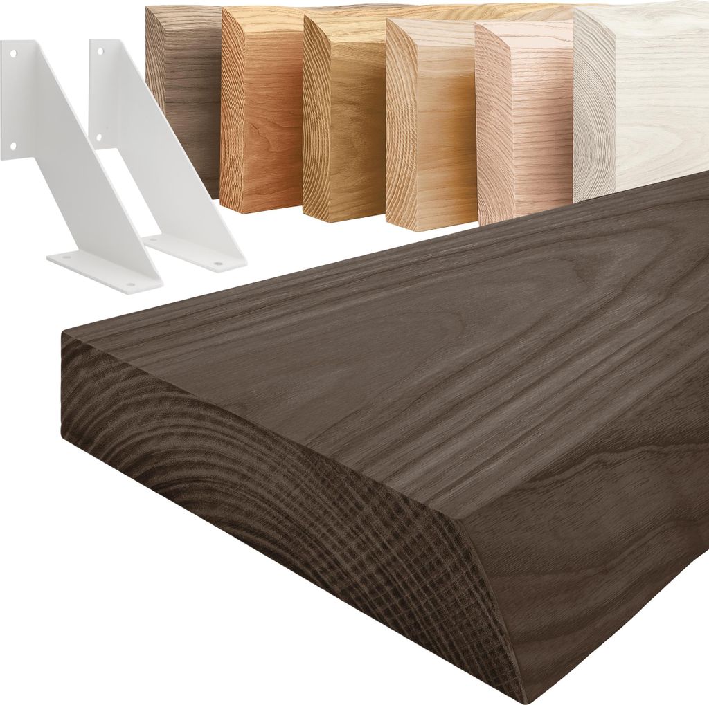 LAMO Manufaktur Wandregal Holz Baumkante | Regal Farbe: Schwarz | mit weißem Vintage Regalträger | 120 cm