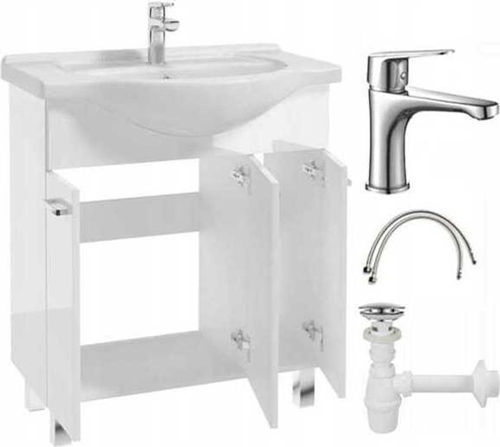 A white bathroom vanity with a sink and faucet, along with plumbing parts, displayed against a white background.