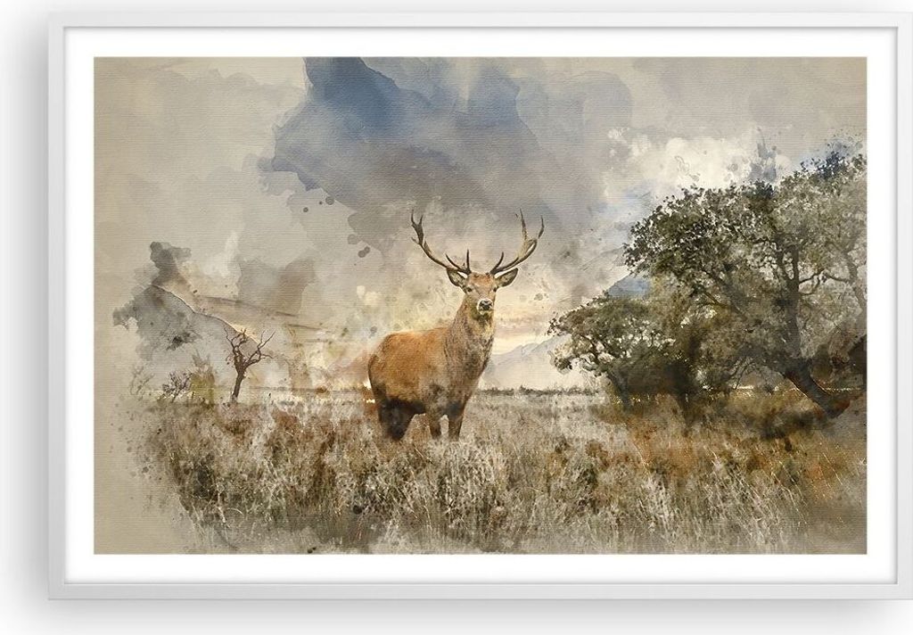 Gerahmtes Poster - Weißer Rahmen - rotwild natur - 91,5x61 cm - Wand Bild - Wanddeko - Wandbilder - Kunstposter - Wandposter - Bilderrahmen - Bild...