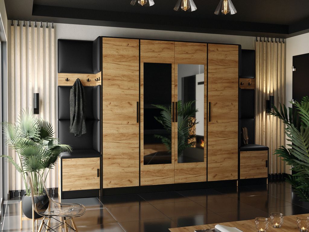 A modern hallway with a large wardrobe, seating, and plants.
