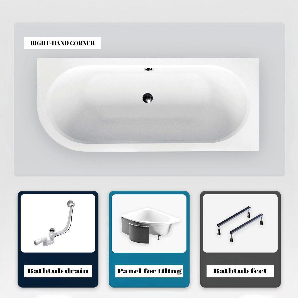 Asymmetrische Badewanne - 150 x 75 cm - Rechts - mit Verkleidung - mit Füßen - Ablaufgarnitur Chrom - AVITA