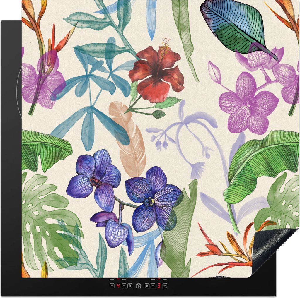 KitchenYeah Herdabdeckplatte Dschungel - Blumen - Muster , 78x78cm, Küche Deko, Glaskeramikkochfeld Herdabdeckung, Abdeckplatte fùr Kochfeld
