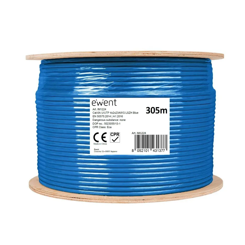 Bobine Câble Réseau Ewent IM1224 Cat6A U/UTP LSZH 305m Bleu Haute Qualité
