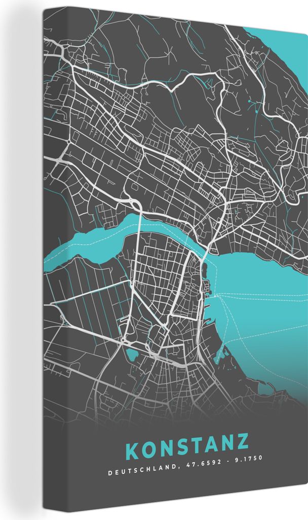 OneMillionCanvasses - Leinwandbilder - 90x140 cm, Stadtplan - Konstanz - Deutschland - Karte, Wandbilder Kunstdruck Wanddekoration - Foto auf Lei...