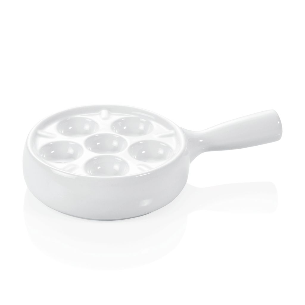A white porcelain snail pan with a handle, shown from a side angle against a white background.