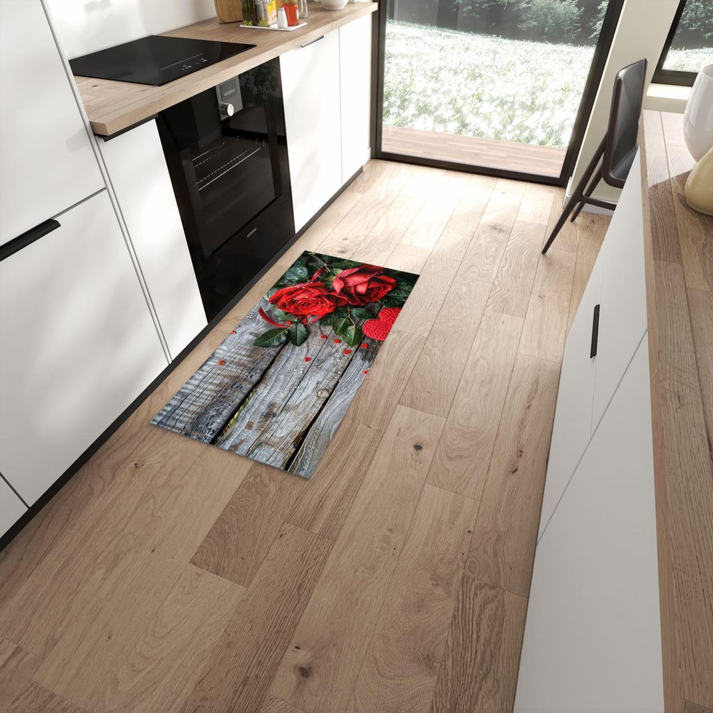 Küchenteppich 60x120cm rutschfest & abwischbar PVC Läufer - Rote Rosen und Herzen