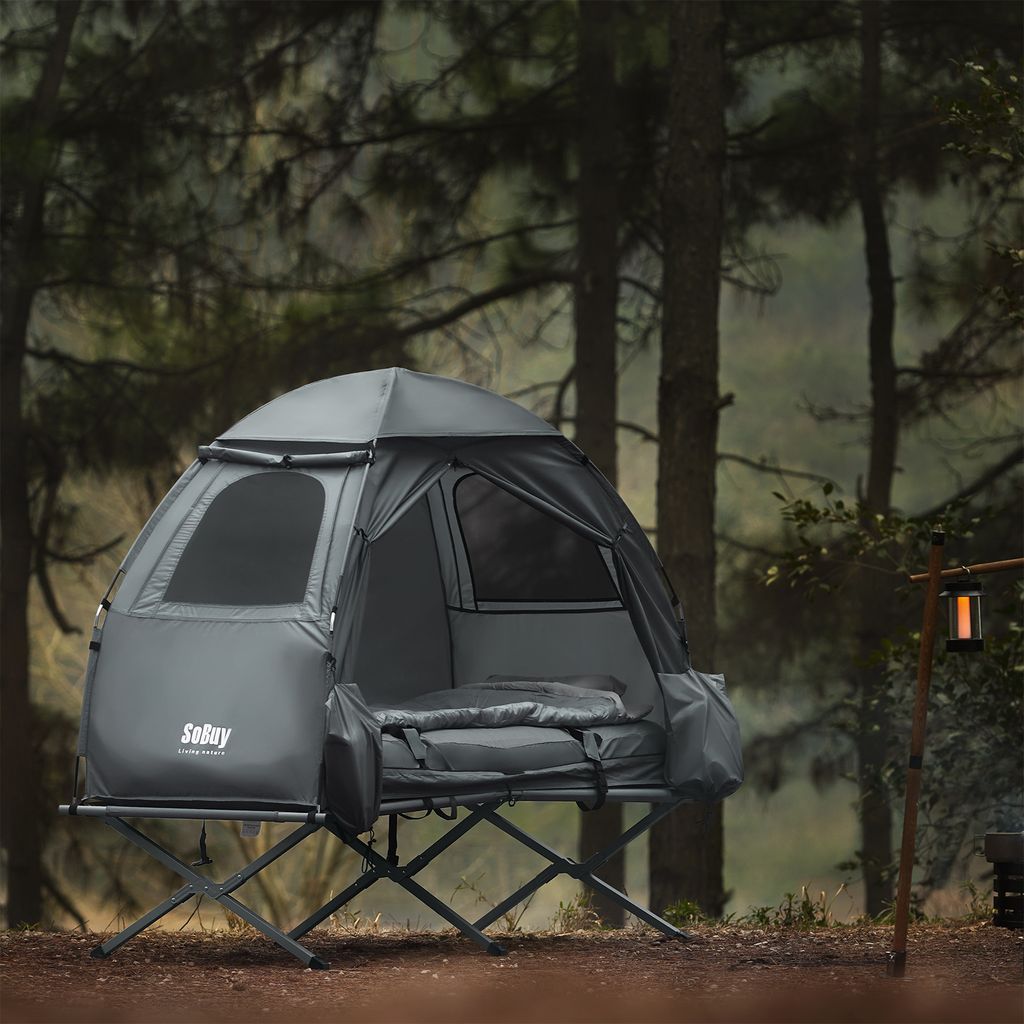 SoBuy OGS32-HG Feldbett mit Zelt 7in1 Wurfzelt mit Luftpumpe, Rolltasche, Schlafsack, Wasserdichtes Campingbett Hellgrau 193 x 160 x 86cm bis 114 kg