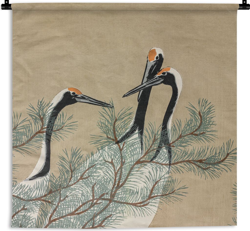 MuchoWow Wandteppich Wandbehang Blätter - Kranich - Japanisch - Vintage 60x60 cm Tapisserie Dekoration Wandtuch - Dekorationen - Wand Decke