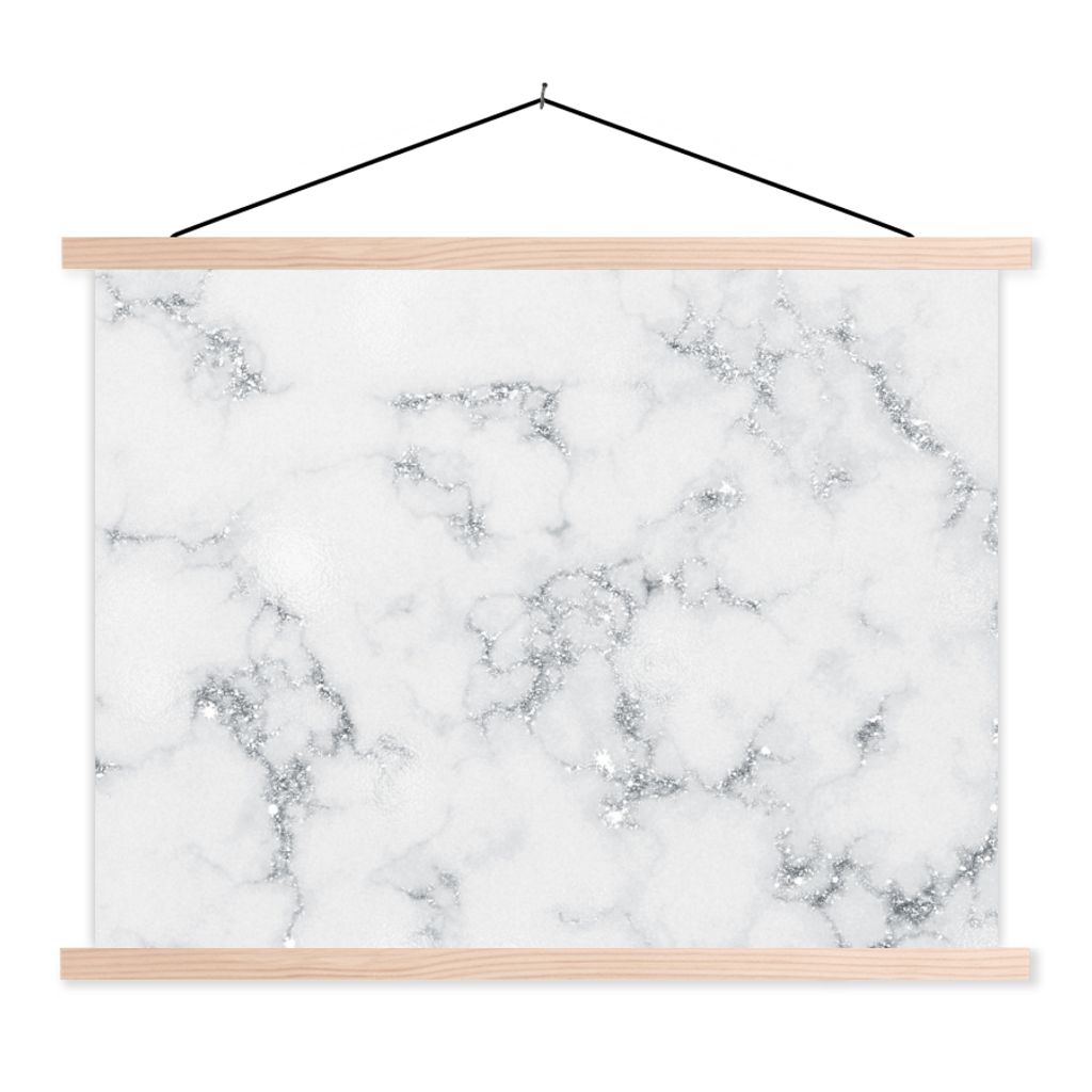MuchoWow Textilposter Marmor - Weiß - Silber - Glitter - Marmoroptik - Chic 120x90 cm mit holzfarbenen Rahmen - Magnetisch