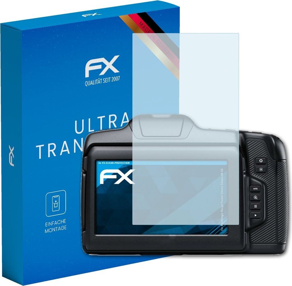 atFoliX FX-Clear 3x Schutzfolie kompatibel mit Blackmagic Design Pocket Cinema Camera 6K G2 Displayschutzfolie