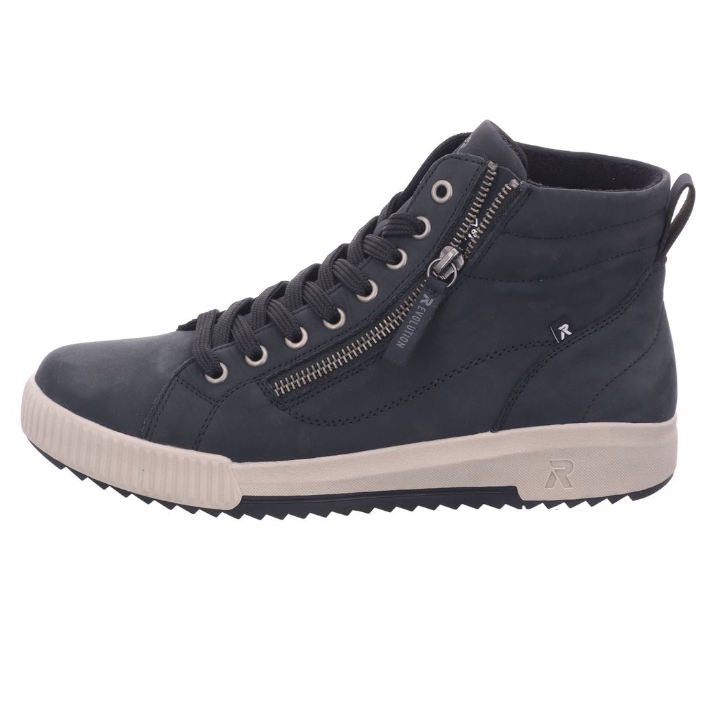 A single blue high-top sneaker with a beige sole is shown against a white background.