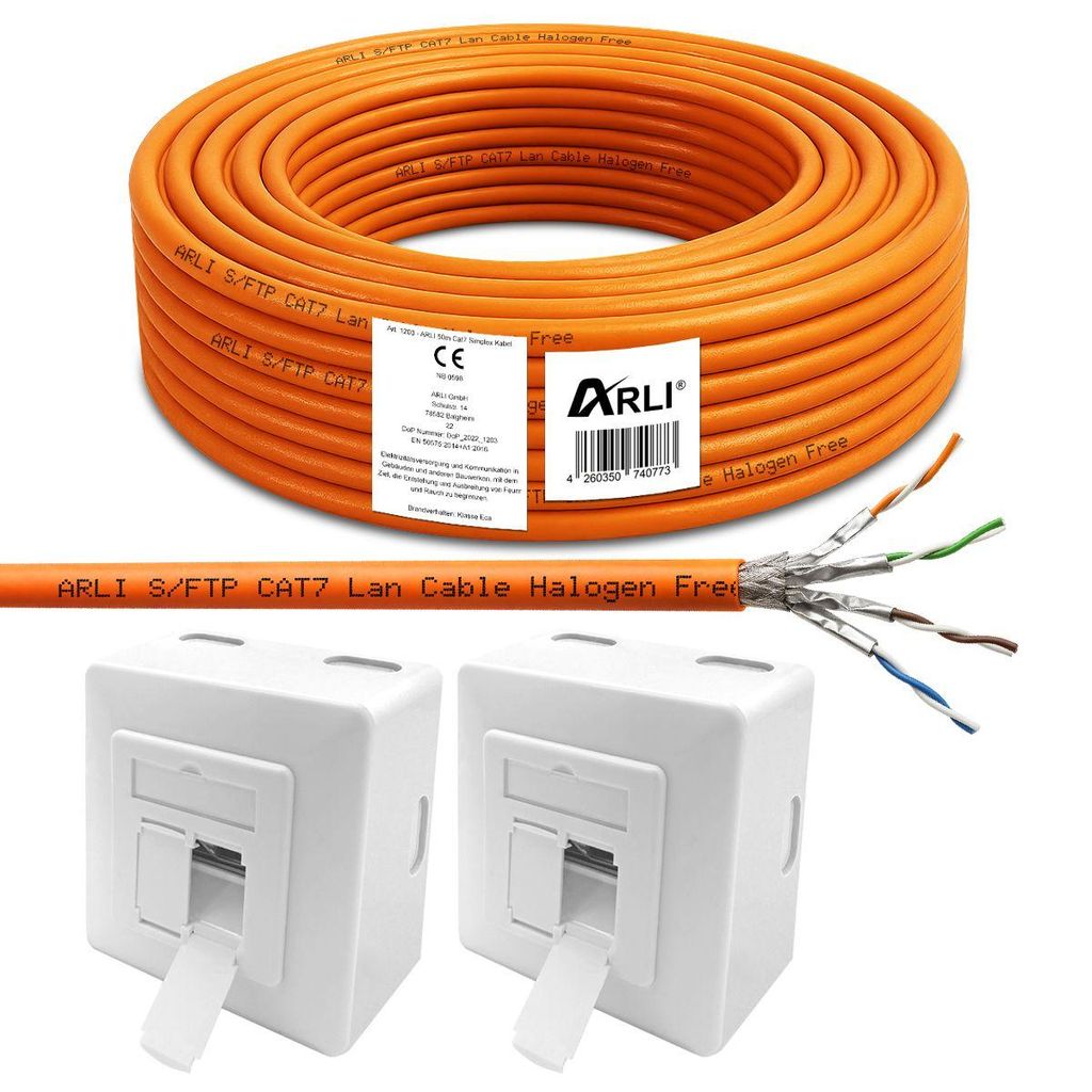 ARLI Cat7 50m Verlegekabel S/FTP PIMF Halogenfrei Netzwerkkabel + 2x Cat6a Netzwerkdose