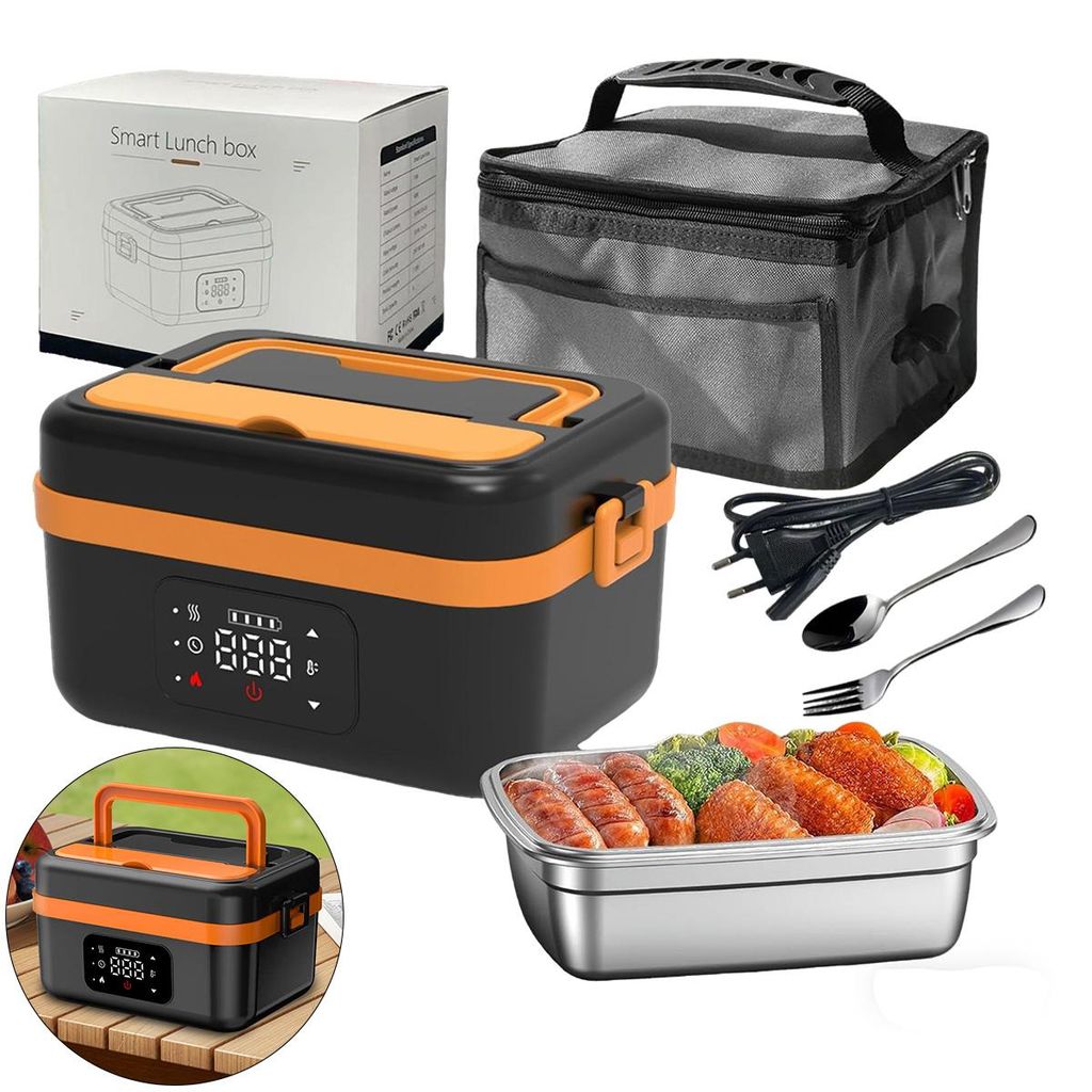 Tragbare elektrische Lunchbox 1L für Erwachsene, mit Isoliertasche, Gabel & Löffel, herausnehmbare Trennplatte, unterwegs nutzbar