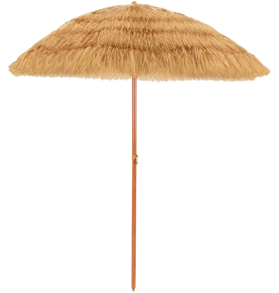 Parasol Hawaii Ø 200 cm beige pliable avec franges et ancrage de sol