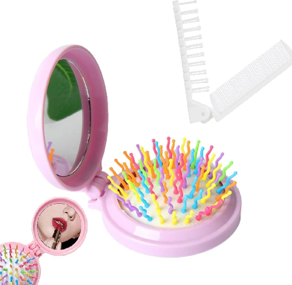 Faltbare Haarbürsten mit Reisenspiegel - runder Mini-Haarkamm und Taschenhaarbürste