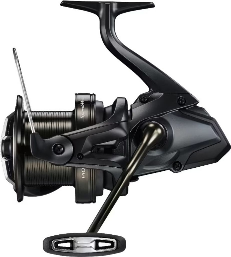 A black fishing reel is shown against a white background.
