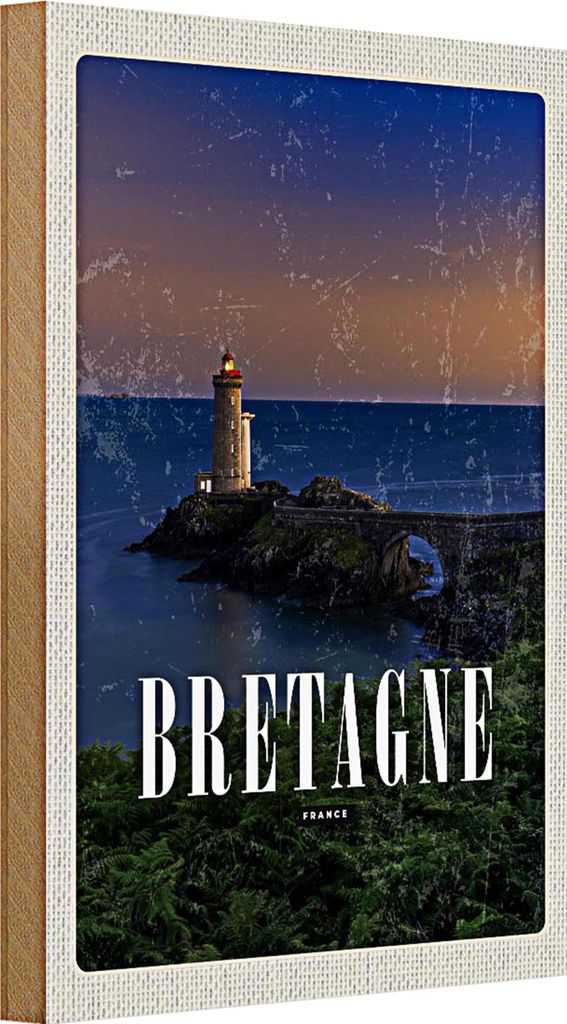 Holzschild Reise 20x30cm Retro Bretagne France Leuchtturm