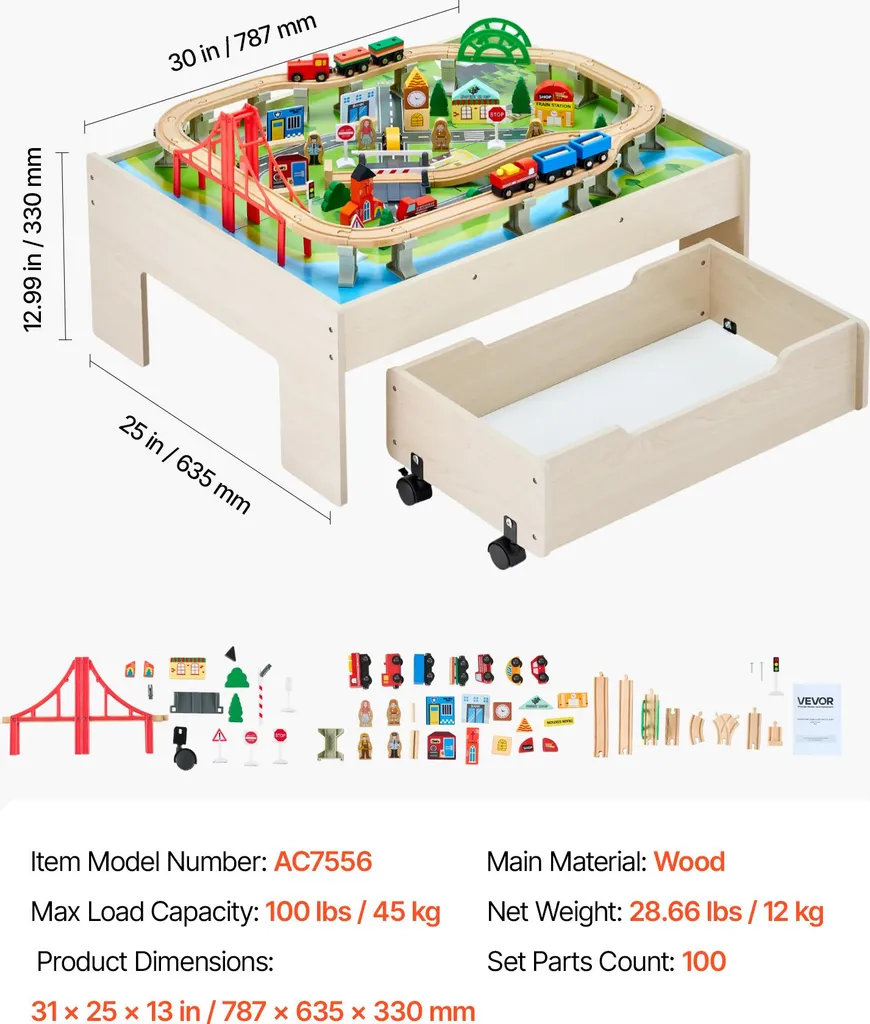 SucceBuy Table de Train en Bois avec 100 Accessoires et Tiroir Mobile