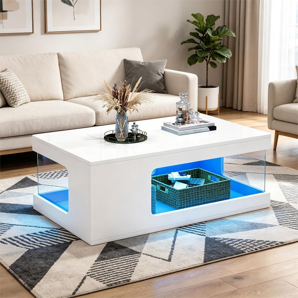 Merax Couchtisch Hochglanz mit LED Beleuchtung, Wohnzimmertisch mit gehärtetem Glas, modern Sofatisch mit großer Stauraum und App-Steuerung, Weiß