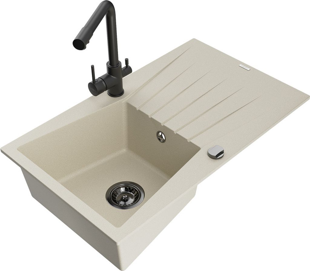 Mexen Cesar 1 Becken-Granitspüle mit Abtropffläche und Mischbatterie Duero, Beige - 6514-69-671600-70
