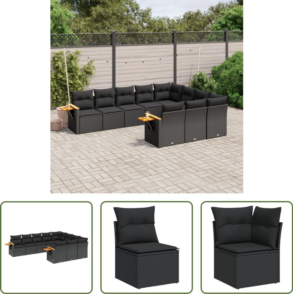 The Living Store 10-tlg. Garten-Sofagarnitur mit Kissen Schwarz Poly Rattan