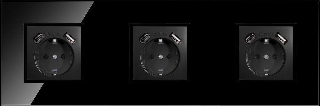 3-fach Steckdose + USB-A/C Schwarz Komplett mit Glasrahmen Schuko 230V QUADRA