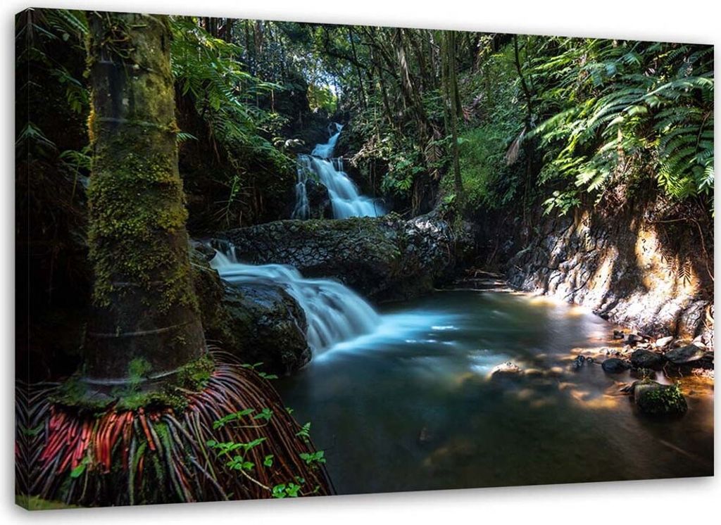 Leinwandbild wasserfall in den tropen 100x70 cm Feeby grün wandbild bereit zum aufhängen