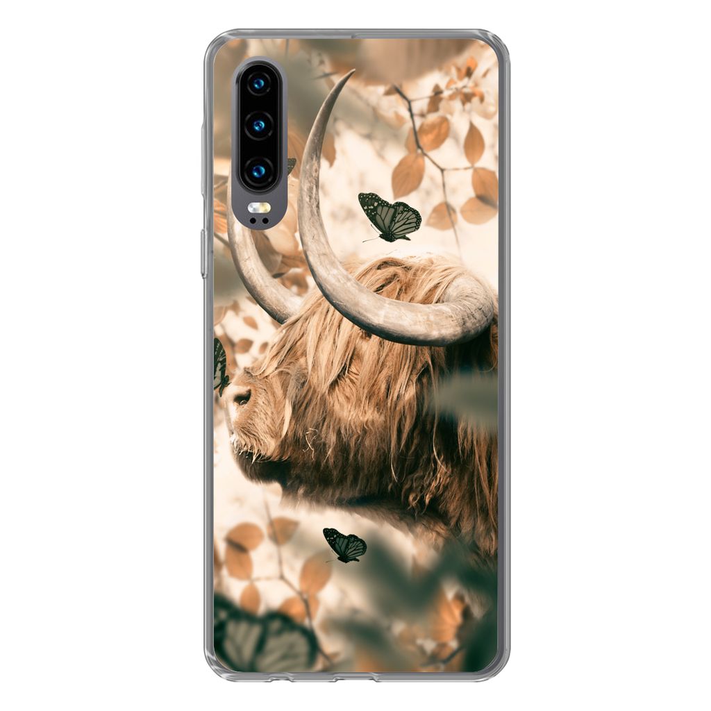 MuchoWow Handyhülle Schutzhülle Hülle für Huawei P30 Schottische Highlander - Schmetterlinge - Blätter Silikon Softcase Handy Hülle - Karte...