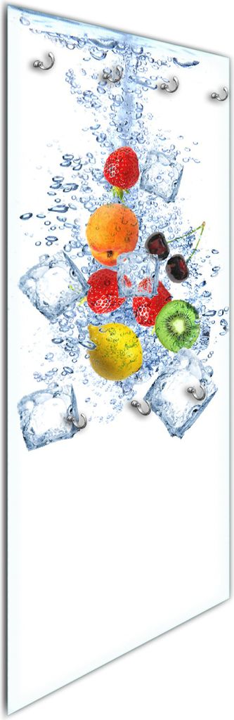 Wallario Flurgarderobe Wandgarderobe aus Glas, mit 7 Haken, Größe 50 x 125 cm, Motiv Obst-Eiswürfel-Mix im Wasser mit weißem Hintergrund