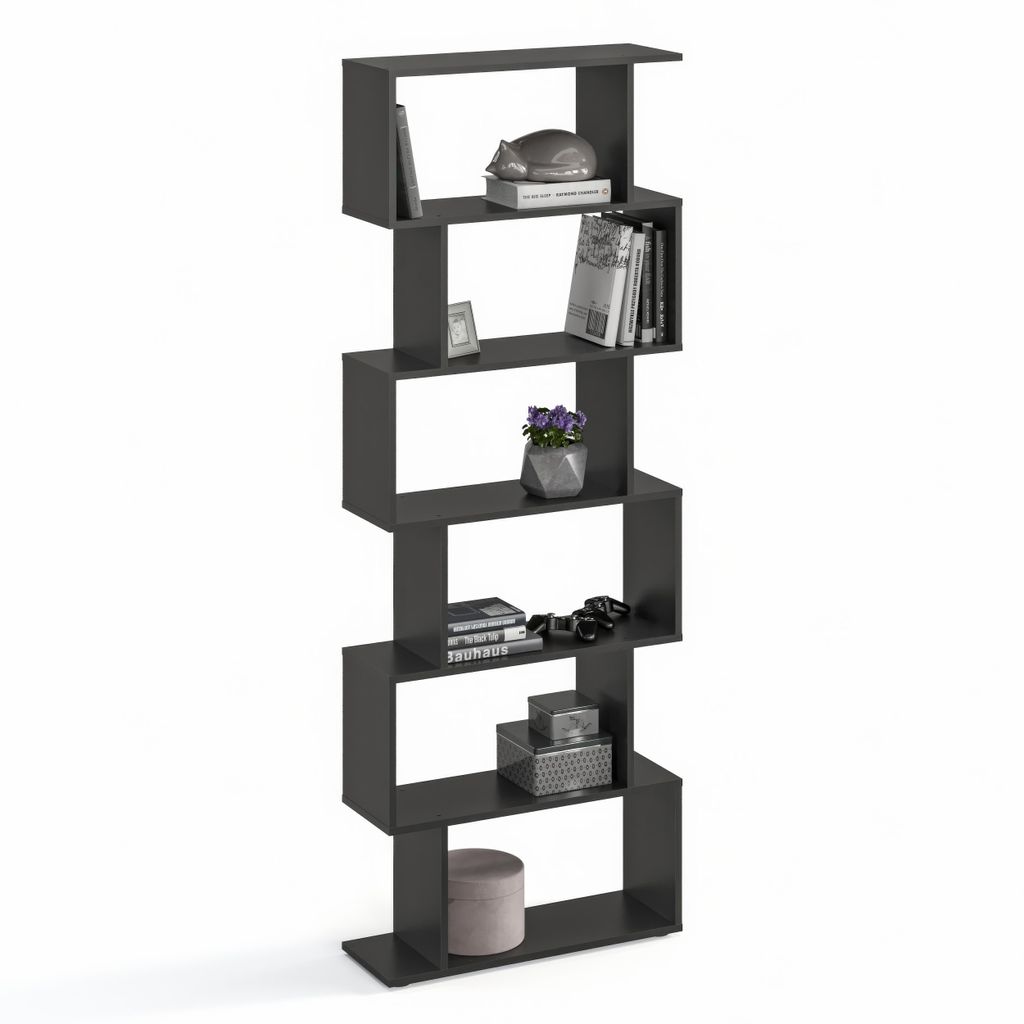 Komto Bücherregal - Raumteiler Regal Standregal Holz und Hoch mit 6 Ebenen S-Förmiges Modern Hochregal Aktenregal Büroregal 191x70x24 cm Schwarz