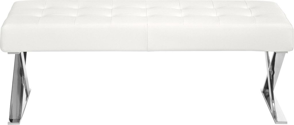 A white tufted bench with chrome legs on a white background.