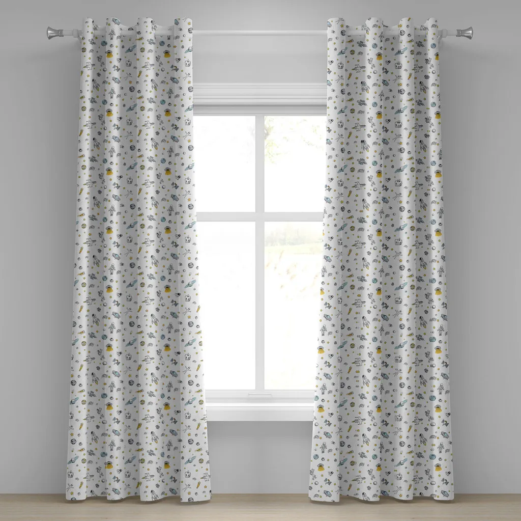 ABAKUHAUS Tenda con occhielli a tema spaziale, tema cosmonauta scarabocchiato, buco nero, satellite e asteroide, tende decorative a 2 pannelli per finestre, 280 cm x 225 cm, azzurro pallido, grigio, nero
