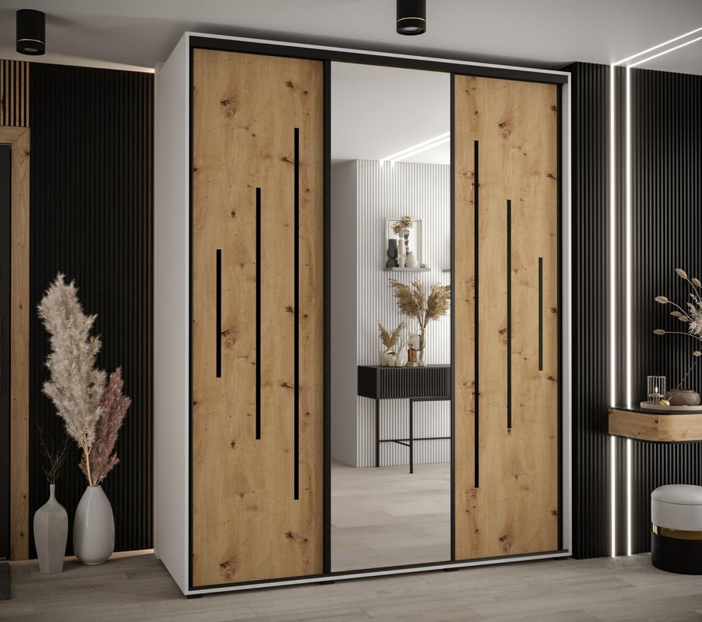 Kleiderschrank ASIRI 13 - 200/60 cm, weiß / Eiche handwerklich / schwarz