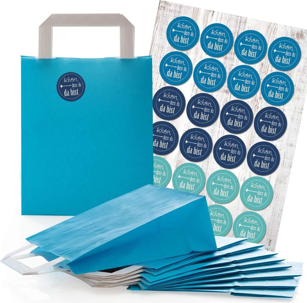 Blaue Papier-Tragetaschen 18 x 8 x 22 cm mit Henkel – Papiertüten mit runden Spruch-Aufklebern"Schön, dass du da bist" blau, türkis