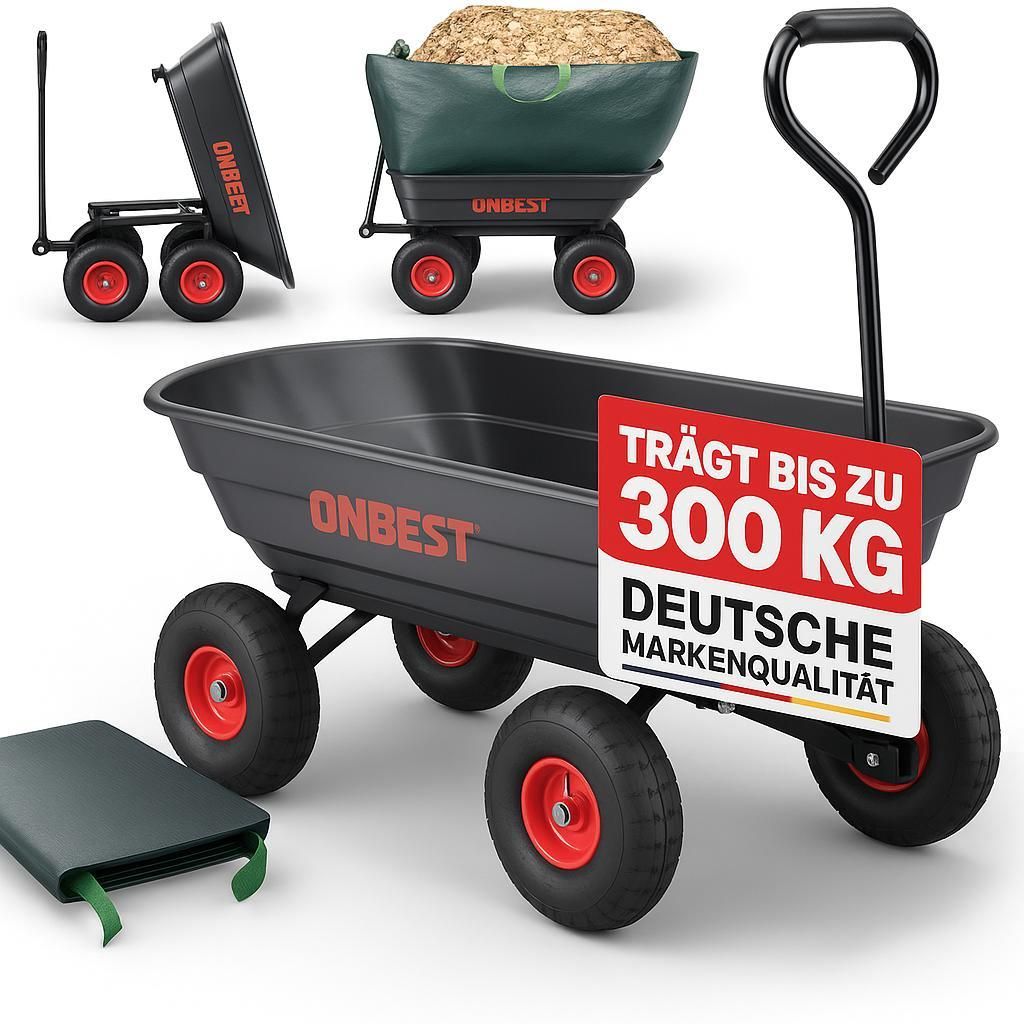 A product shot of a garden cart with multiple views and a promotional sign.