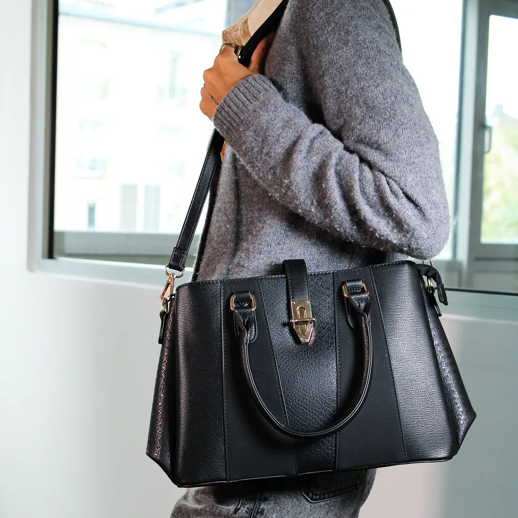 Sac à main rigide noir anti-déformation effet serpent boucle dorée - 6