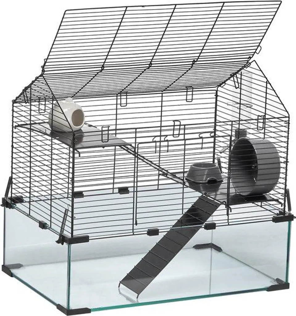 Cage hamster anti-projections transparente 57 cm avec abreuvoir intégré