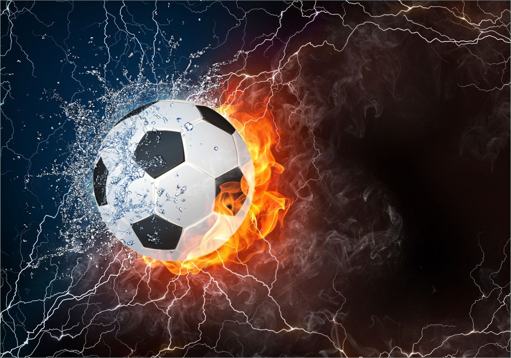 Wallario Poster - Fußball - Feuer und Wasser, Kunstdruck Größe: 70 x 100 cm