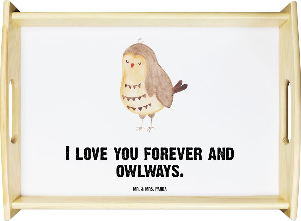 Mr. & Mrs. Panda Bett-Tablett Eule Zufrieden - Weiß - Geschenk, Dekotablett, Owl, holz serviertablett, Sofa Tablett, Hochzeitstag, Frühstückstab...