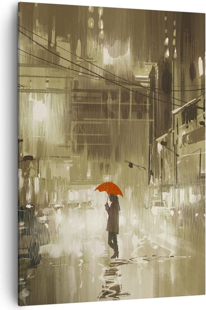 Bild auf Leinwand - LeinWandbild Einteilig - Illustration Katastrophe Städtische Straße Regen - 70x100cm - Wand Bild - Wandbilder Leinwanddruck W...