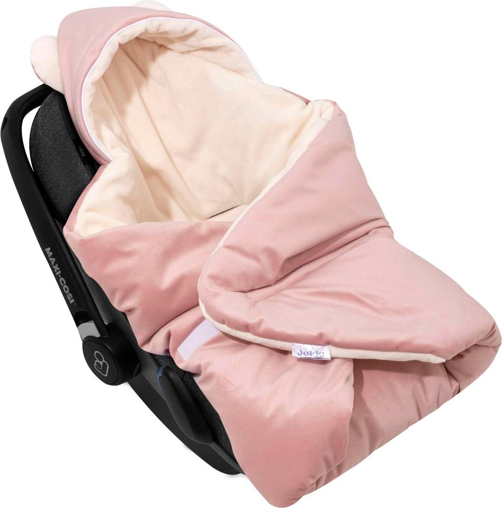 Decke für Kindersitz mit Kapuze und Ohren – Ecru Plüsch & Produktbild 