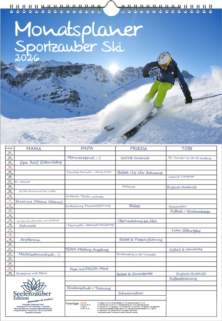 Skizauber Planer Familienplaner 4 Spaltenplaner DIN A3 Kalender für 2026 Berge und Ski - Seelenzauber